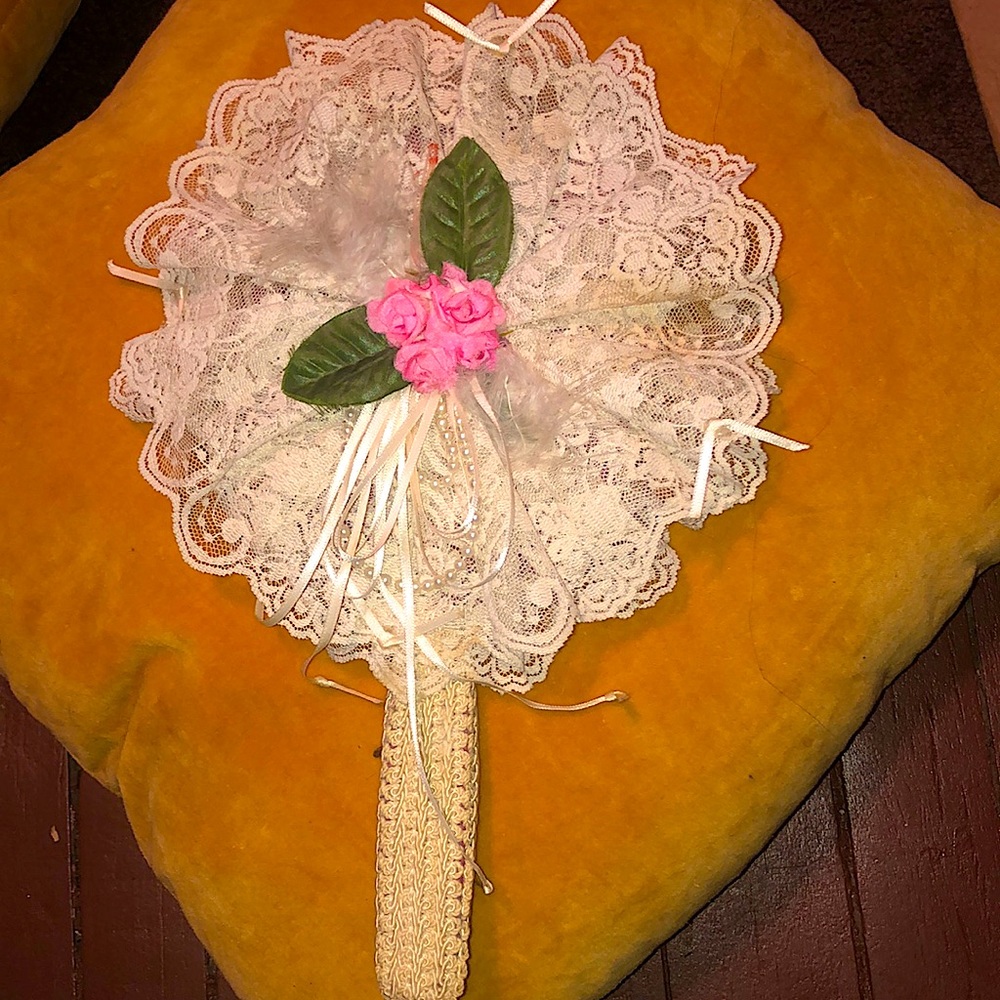 Mid-Century Antique Rose & Lace Hand Mirror